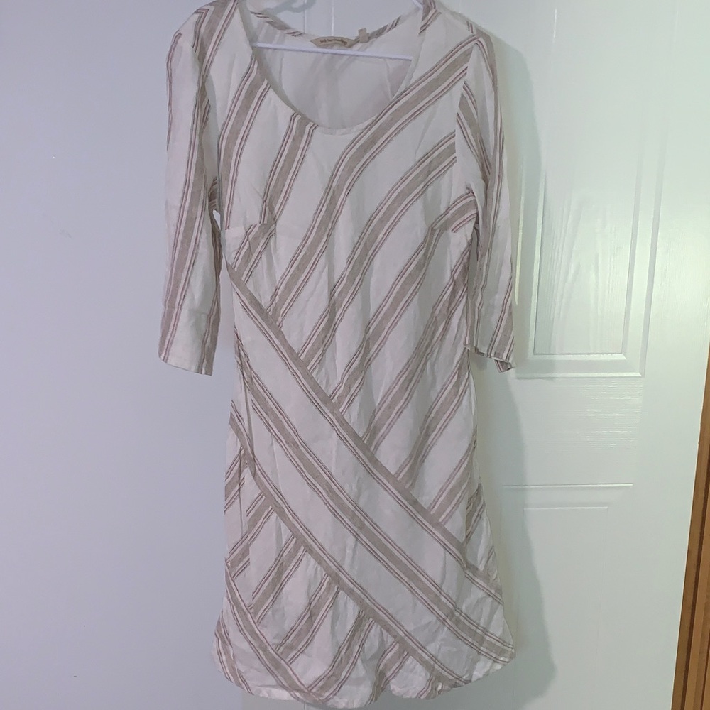 Soft Surroundings Equinox Women’s Cream and Tan Striped Dress Linen Blend Sz M - Picture 3 of 10
